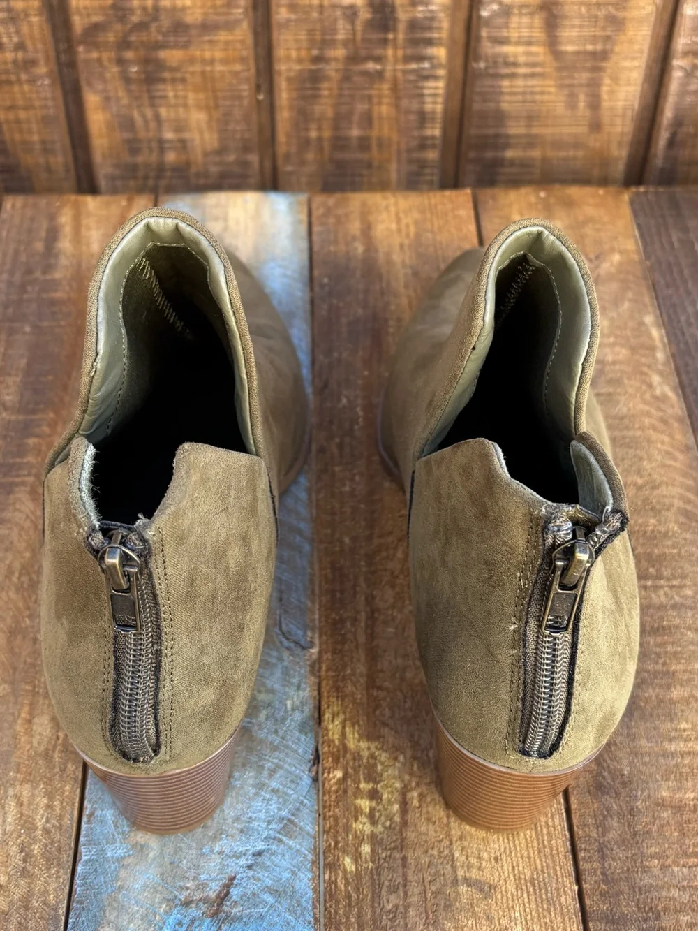 Sun + Stone Olive Green Suede Ankle Boots